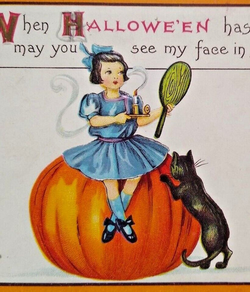 Halloween Postcard Child Hand Mirror Pumpkin Black Cat Kitten 63 A Stecher 1920