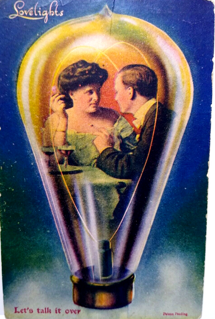 Victorian Couple Inside Light Bulb Postcard Let's Talk It Over Lovelights 1909