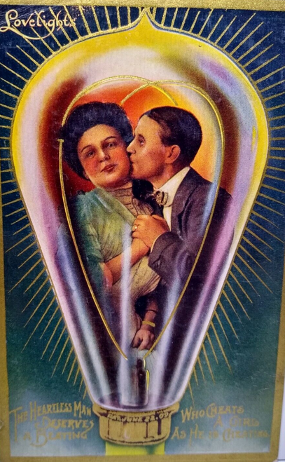 Victorian Couple Inside Light Bulb Fantasy Postcard Kissing Lovelights 1910