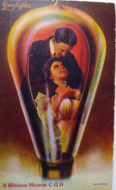 Victorian Couple Inside Light Bulb Fantasy Postcard Wireless Lovelights 1909