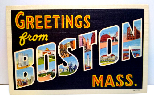 Greetings From Boston Massachusetts Large Big Letter Linen Postcard Curt Teich