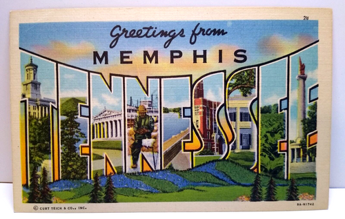 Greetings From Memphis Tennessee Large Big Letter Postcard Linen Curt Teich