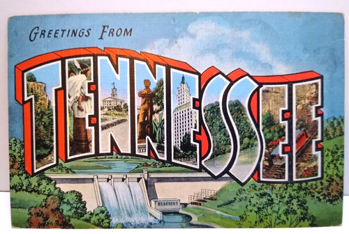 Greetings From Tennessee Large Letter Postcard Unused Linen Waterfalls Dam Kropp