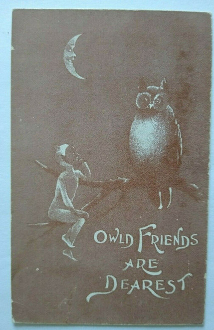 Antique Halloween Postcard Pixie Imp & Owl Owld Friends Are Dearest Unused Sepia