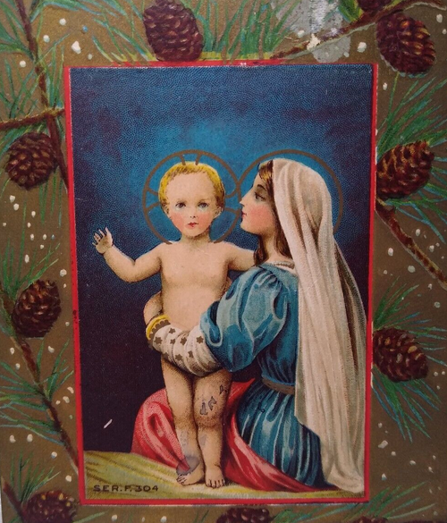 Christmas Postcard Madonna Holds Baby Jesus 1909 Pinecone Border Series 304