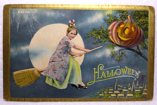 Halloween Witch Broom Postcard 581-1 Fantasy Moon JOL Village Town Sander 1910