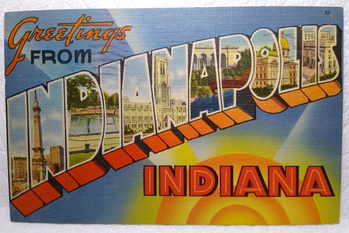 Greetings From Indianapolis Indiana Large Letter Postcard Linen Tichnor 1943