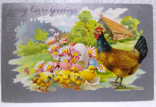 Tucks Easter Greetings Postcard Baby Chicks Hen Daisies Eggs 1912 Series 701