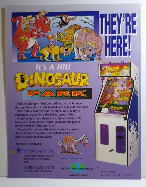 Dinosaur Park Arcade Flyer Original Boardwalk Game Room Art Promo 8.5" x 11"