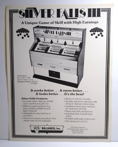 Silver Falls III Coin Push Redemption Arcade Flyer Original Skill Game 8.5" x 11