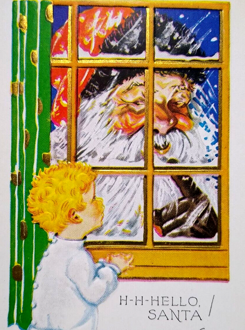 Santa Claus Christmas Postcard Child Sees Saint Nick Through Window W-28 Emboss