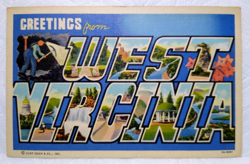 Greetings From West Virginia Large Big Letter Postcard Linen Curt Teich Vintage