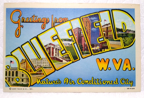 Greetings From Bluefield West Virginia Large Letter Postcard Linen Curt Teich