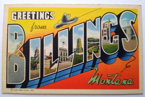 Greetings Hello From Billings Montana Postcard Large Big Letter Curt Teich Hat