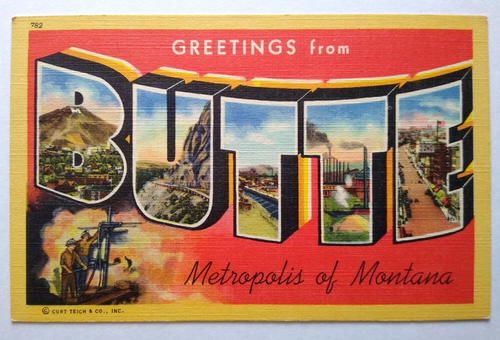 Greetings From Butte Montana Postcard Large Big Letter Curt Teich Unused Vintage