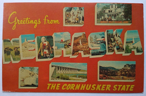 Greetings From Nebraska Postcard Large Big Letter Tichnor Unused Dunlap-Henline