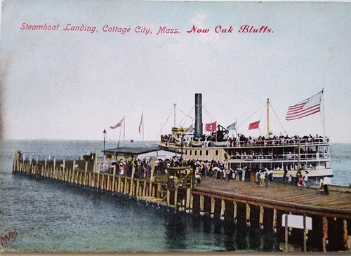 Ship Boat Postcard Steamboat Landing Cottage City Mass Oak Bluffs Flags People