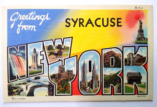 Greetings From Syracuse New York Large Letter Postcard Linen Curt Teich Liberty