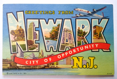 Greetings From Newark New Jersey Large Letter Postcard Linen Curt Teich Airplane