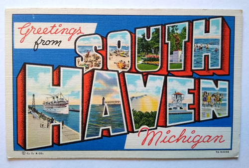 Greetings From South Haven Michigan Large Big Letter Postcard Linen Steamer Ship