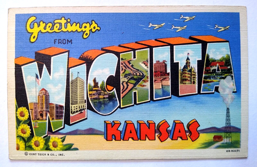 Greetings From Wichita Kansas Large Big Letter Postcard Linen Curt Teich Unused