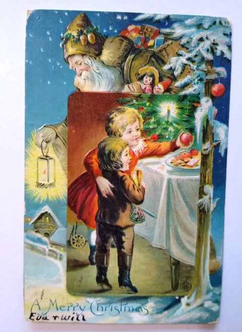 Christmas Santa Claus Postcard 1906 Brown Robe Lantern Children Embossed 481
