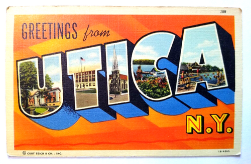 Greetings From Utica New York Large Big Letter Postcard Linen Unused Vintage