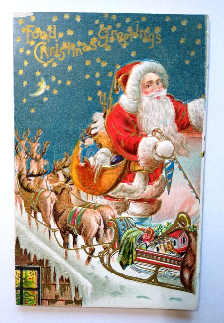 Santa Claus Reindeer Stars St Nicholas Christmas Postcard Sled Gifts Embossed