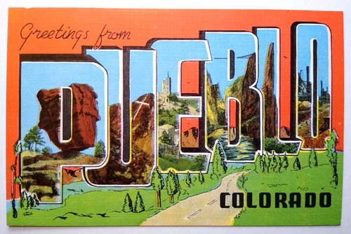 Greetings From Pueblo Colorado Large Big Letter Linen Postcard Kropp Rustic West