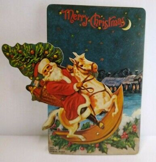 Christmas Postcard Santa Claus Rocking Horse Mechanical It Moves Merrimack 1982