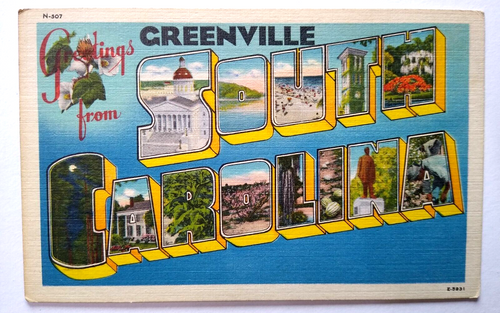 Greetings From Greenville South Carolina Large Letter Linen Postcard Unused