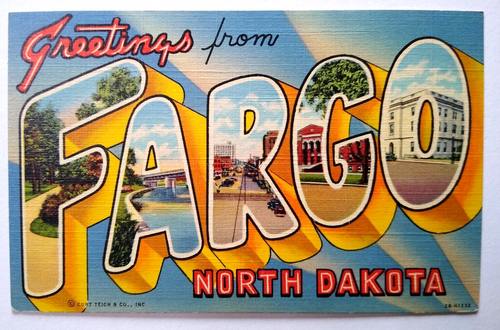 Greeting From Fargo North Dakota Large Big Letter Linen Postcard Curt Teich 1944