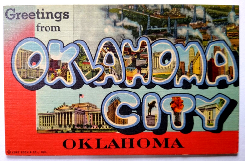 Greetings From Oklahoma City Large Big Letter Linen Postcard Curt Teich Unused