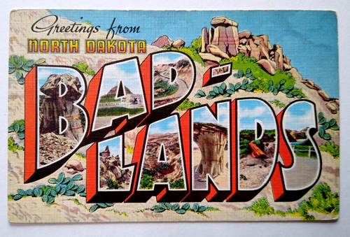 Greetings From Bad Lands North Dakota Large Big Letter Linen Postcard Kropp