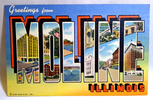 Greetings From Moline Illinois Large Big Letter Linen Postcard Curt Teich Unused