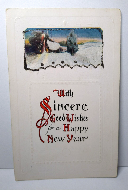 New Year Postcard Sincere Wishes Mica Glitter Decorated Embossed Vintage