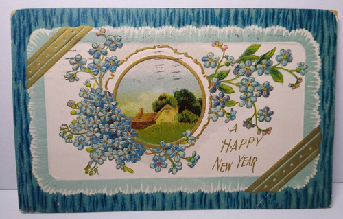 New Years Postcard Blue Forget Me Not Flowers Scenic Cottage Embossed 1910