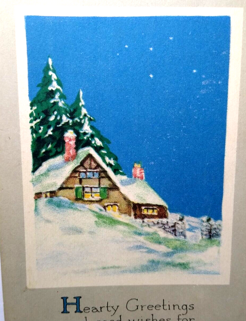New Years Postcard Blue Skies Cottage Snow Trees Gibson Unused Vintage Original