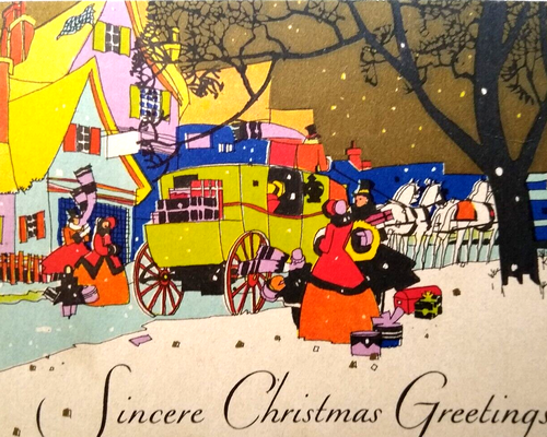 Christmas Early Greeting Card Victorian People In Village Horses Cart Colorful