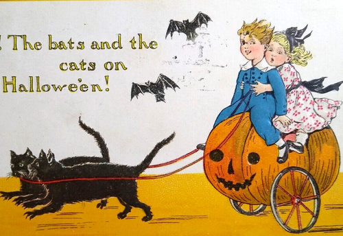 Halloween Postcard Fantasy Tucks 1913 Black Cats Bats Children Pumpkin Cart 190