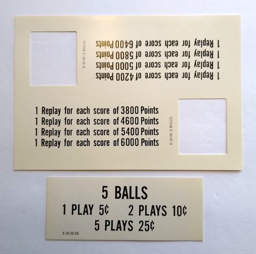 Dixieland Pinball Machine Original 1968 Rules Price Replay Card NOS 5 Ball Play
