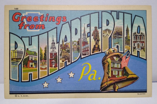 Greeting From Philadelphia Large Letter Postcard Pennsylvania Linen Liberty Bell