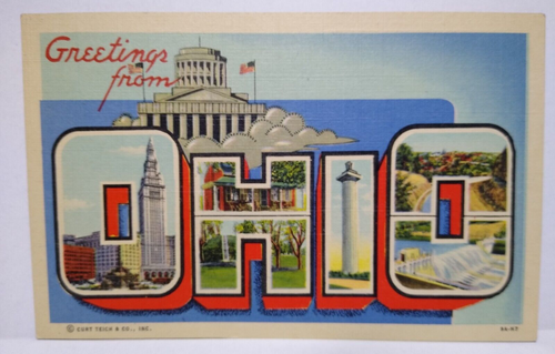 Greetings From Ohio Large Big Letter Linen Postcard Curt Teich Unused Vintage Greetings From Ohio Large Big Letter Linen Postcard Curt Teich Unused Vintage