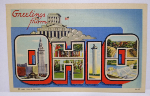 Greetings From Ohio Large Big Letter Linen Postcard Curt Teich Unused Vintage