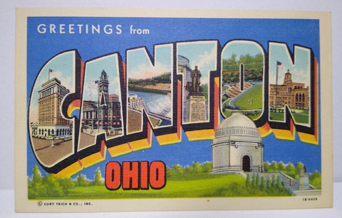 Greetings From Canton Ohio Large Big Letter Linen Postcard Curt Teich Unused