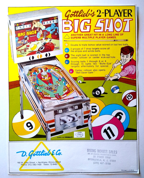 Big Shot Pinball Flyer Original Game Art Retro Flipper Game Billiards Pool 1974