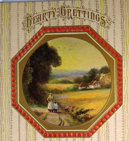 Hearty Greetings Postcard Victorian Farmland Meadows Germany Series 4000 Unused