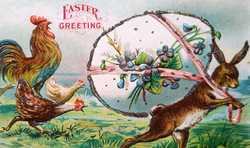 Easter Postcard Fantasy Rabbit Hen Rooster Big Exaggerated Egg Glitter Mica E9