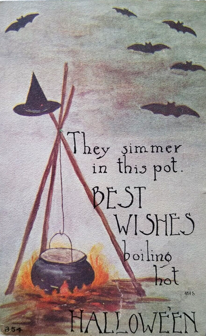 Halloween Postcard They Simmer In The Pot Boiling Hot Cauldron Bats MHS Owen