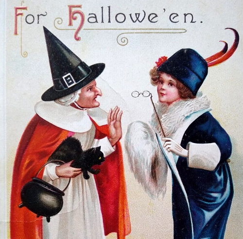 Halloween Postcard Signed Ellen Clapsaddle Old New Style Witches Black Cat 4439